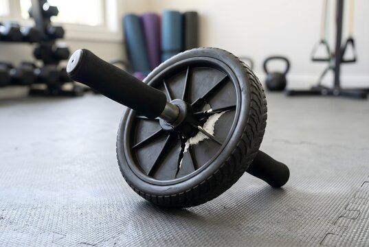 Black plastic ab roller with a dangerously cracked and tilted wheel hub