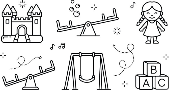 Kids playground line art vector set with bounce castle seesaw swing girl character abc alphabet blocks fun elements