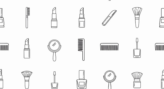 Seamless pattern with beauty and makeup icons, cosmetic tools and accessories