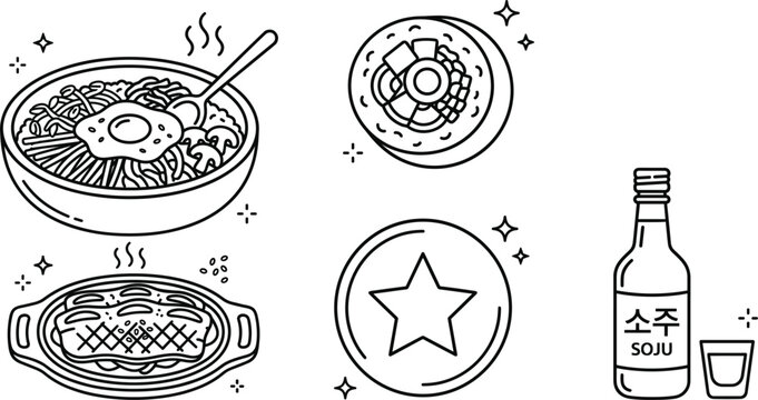 Korean food line art vector set with bibimbap bulgogi gimbap soju bottle alcohol restaurant cafe menu illustration elements,