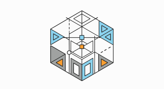 Abstract geometric cube design with technical blueprint lines and shapes