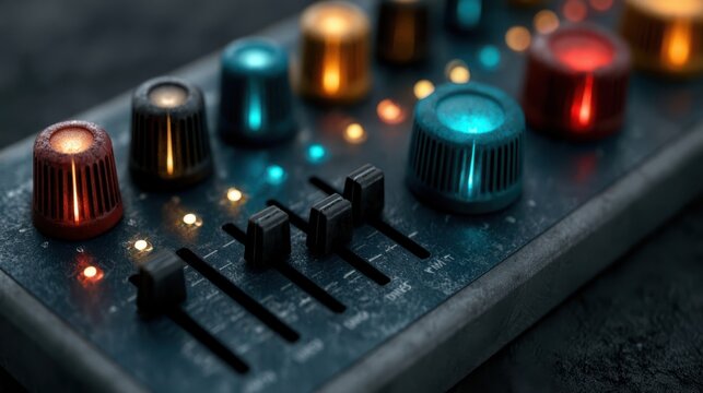 Close-up of a sound mixer panel with colorful illuminated knobs and sliders for audio control in a dark setting.