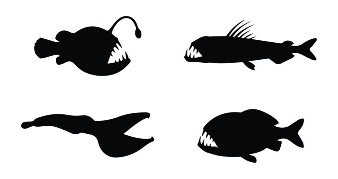 Deep sea fish set &mdash; anglerfish, viperfish, gulper eel, fangtooth icon Silhouette Vector black design on a white background