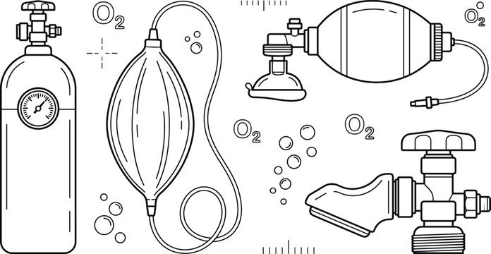 Medical oxygen line art vector set with cylinder tank resuscitator bag valve mask breathing respiratory emergency health elements,