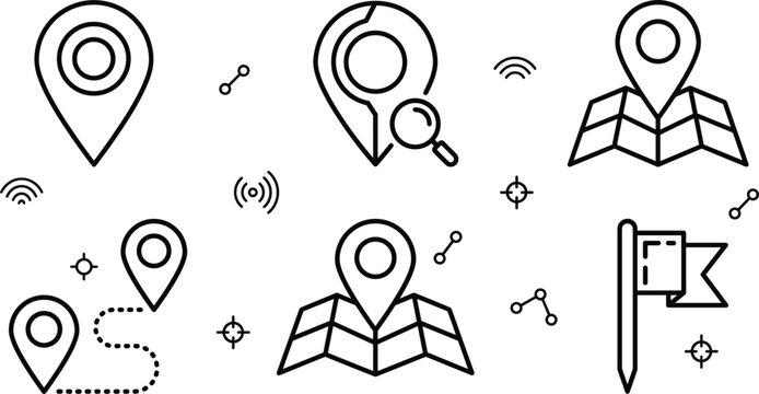 Map pin and navigation route line icon set featuring location pointers folded maps search magnifier and destination flag.