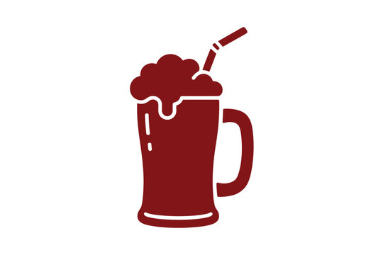 This vibrant bold red vector graphic features a refreshing root beer float in a classic handled glass mug with a candy striped straw perfect for summer refreshment beverage advertisements and minimali