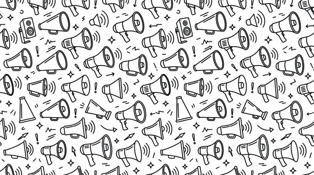Megaphone seamless pattern vector background line art illustration with loudspeaker speaker sound announcement news and marketing icons