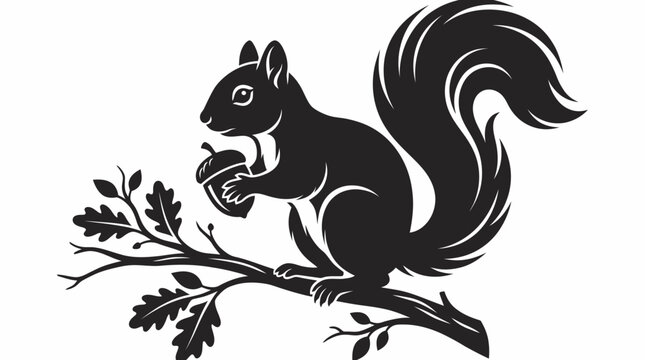 Black and white vector illustration of a squirrel sitting on an oak branch holding an acorn