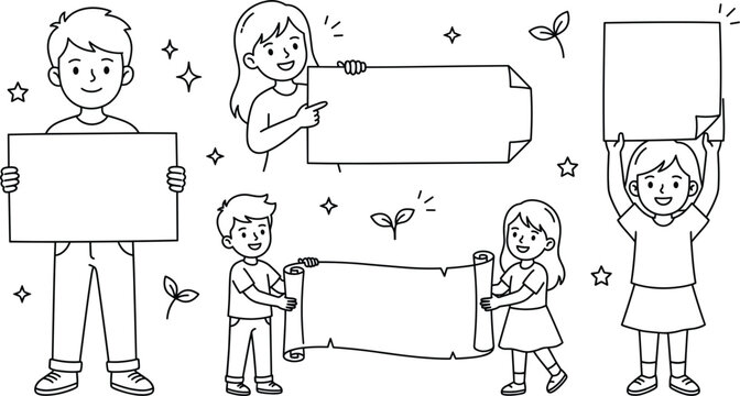 People holding blank banner vector icon set featuring kids holding empty signs scrolls message poster line art elements