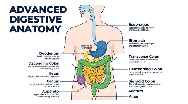 Human digestive system anatomy diagram with labeled organs