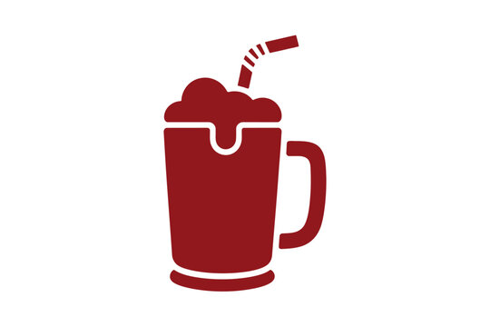 Minimalist dark red flat vector icon of a large mug filled with a refreshing foamy beverage and a striped bendy straw isolated on a clean white background for food and drink design projects