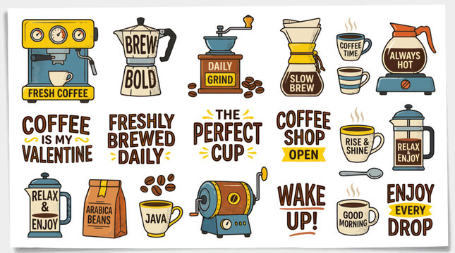 Vintage coffee brewing equipment and typography stickers collection