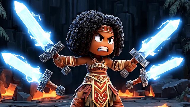 Animated girl with glowing swords.