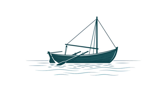 Vintage wooden rowing boat with oars floating on calm water