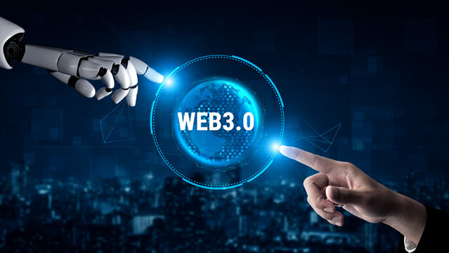 The global impact of AI on the Web 3.0 next generation internet. A concept of a worldwide decentralized network driven by AI. Motif