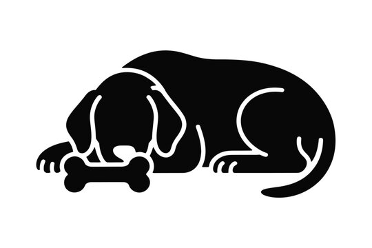 Minimalist black icon of a cute dog resting on the ground with a bone in its paws illustrated as a vector silhouette design for animal pet care graphics and professional veterinary clinic branding art