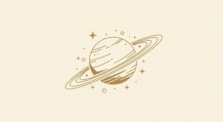 Detailed Golden Saturn Planet Line Art with Stars on Beige Background © GONYONG