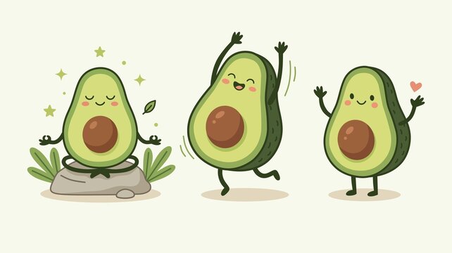 Cute avocado character set meditating dancing waving heart, wellness flat vector illustration