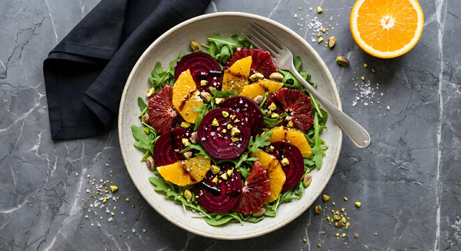 Fresh beetroot and citrus orange salad with pistachios in ceramic plate, top view.