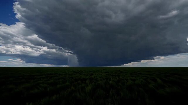 Moving across endless green field under giant dark supercell cloud gathering over rural meadows during severe weather development when heavy rain pours in distance changing daylight to shadow