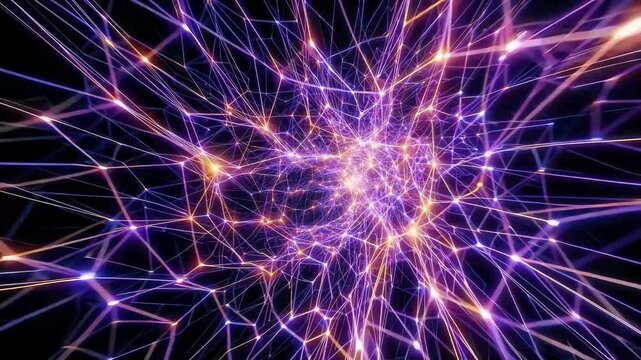 Flying inside endless digital tunnel filled with complex fiber structures where bright violet pulses travel through orange web nodes recreating fast information processes inside computer brains