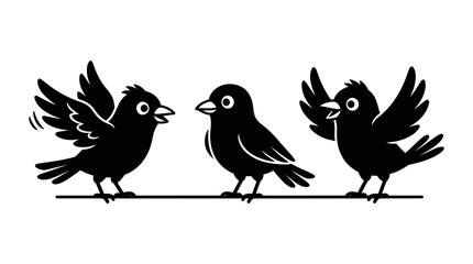 Obraz premium Three Black Bird Silhouettes Singing and Talking on a Wire