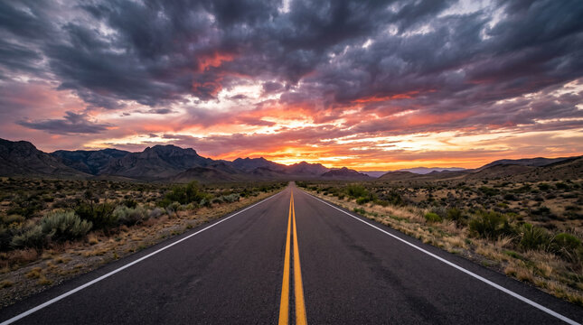Long straight asphalt road heading towards mountains during sunset.