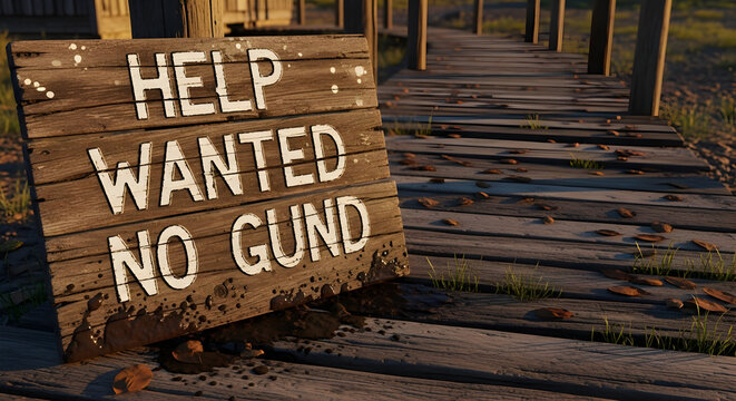 Weathered Wooden Sign Reads "Help Wanted No Gund" on a Rustic Boardwalk