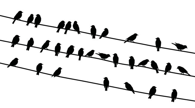 Flock of birds resting on electrical wires black and white silhouette