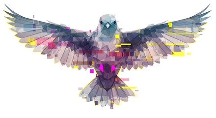 Low-poly dove in flight, digitally altered with glitch art effect. White background