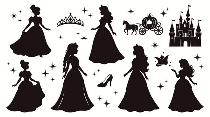 Princess Silhouette Vector Set with Castle Carriage and Magic Icons © matahari