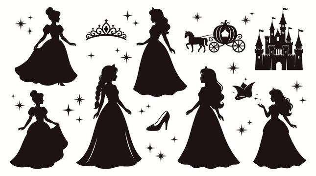 Princess Silhouette Vector Set with Castle Carriage and Magic Icons