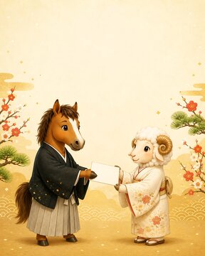 Horse giving a blank New Year card to sheep for Japanese zodiac handover