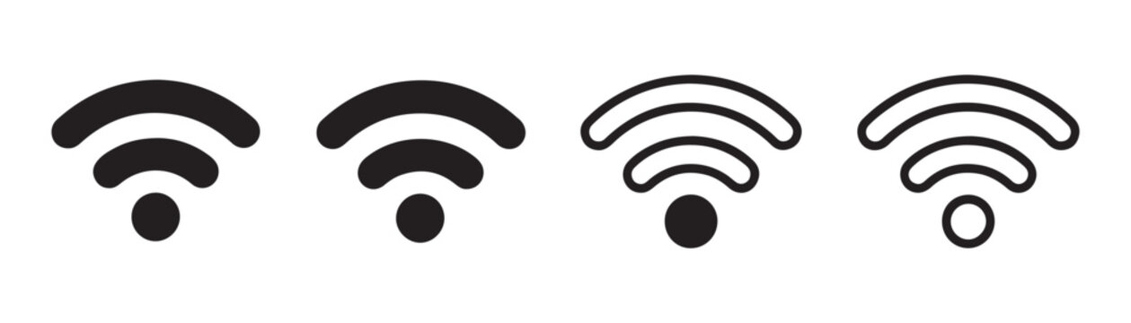 Set of black wifi signal icons for internet connection status and network quality isolated on grey grid.