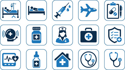Fototapeta premium Comprehensive collection of medical vector icons in rounded squares, depicting various aspects of healthcare.