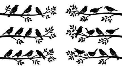 Fototapeta premium Black bird silhouettes perched on multiple tree branches for nature design