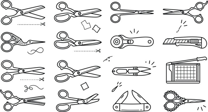 Scissors and cutting tools vector illustration set line art drawing with shears utility knife and rotary cutters