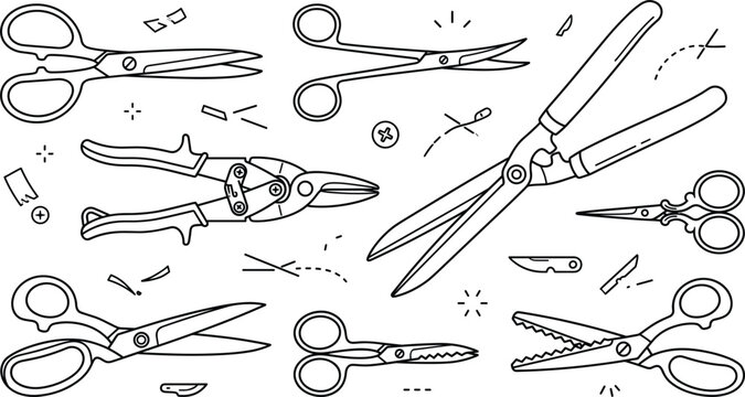 Scissors line art vector set with shears pruner snips craft tailor sewing barber medical hedge trimmer tool illustration elements,