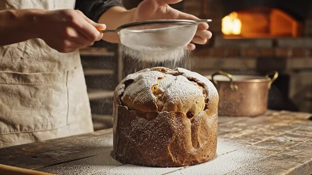 Dusting Powdered Sugar Over Freshly Baked Italian Panettone On Rustic Wooden Table In Bakery Kitchen Traditional Christmas Bread Preparation