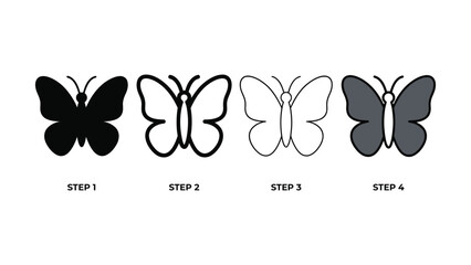 Butterfly progression from solid shape to outline and color fill isolated on white background © Sharif