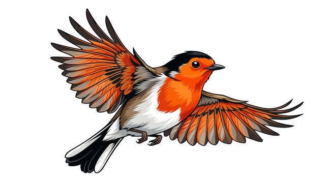 Flying European robin bird vector illustration isolated on white