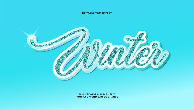 Winter editable text effect with blue glitter font style on light blue background