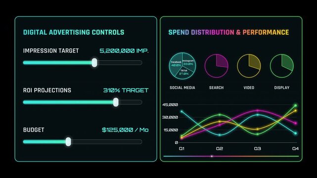 Animation of a digital marketing dashboard showing web advertising controls and data spend analytics on a deep black background