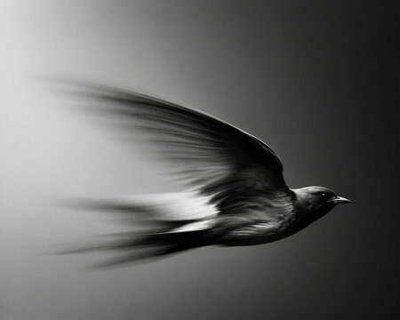 A Fast-Flying Black Bird With Motion Blur Against Gradient Gray Background