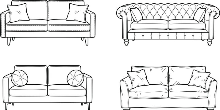 Sofa and couch furniture line icon set featuring chesterfield tufted modern and minimalist living room seating vector illustration.