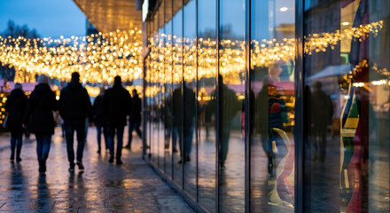 Obraz premium Pedestrians walking along decorated urban pavement at dusk