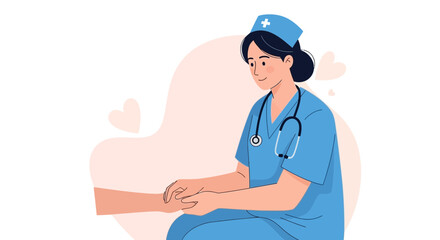 Fototapeta premium Caring Nurse Holding Patient's Hand with Stethoscope and Heart Symbol - Vector Illustration