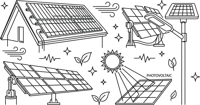 Solar panel vector illustration set line art drawing with photovoltaic cell house roof street lamp sun and leaves