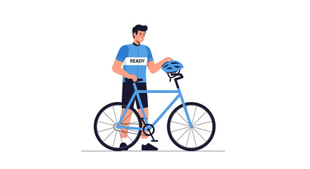 Fototapeta premium Cyclist in Blue Jersey Holding Helmet Next to Bicycle, Ready for Ride