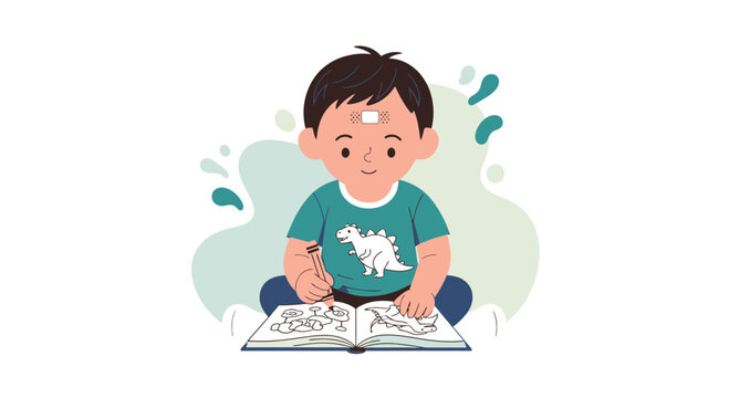 Cute Toddler Boy Drawing Dinosaur in Coloring Book, Engaging in Creative Play